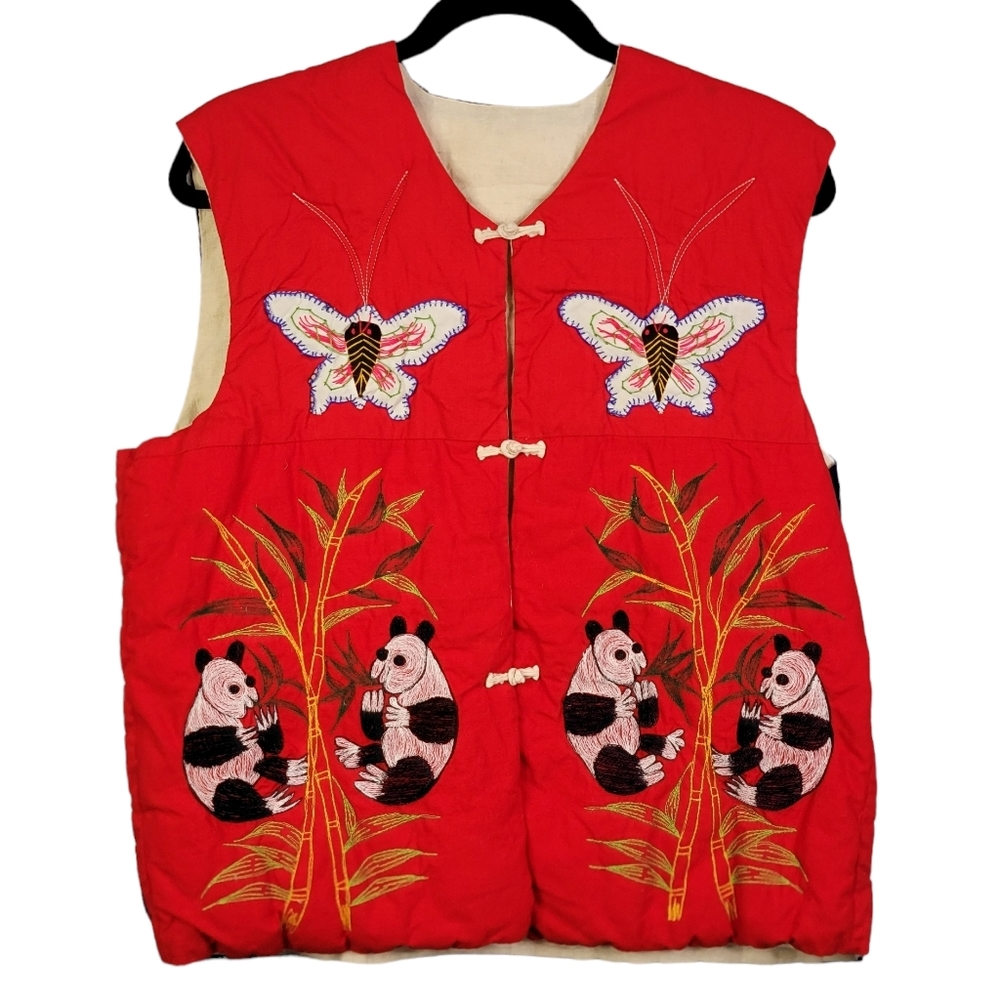 Embroidered Asain Vintage 80's Panda Butterfly Frog Motif Quilted Vest Unsized
